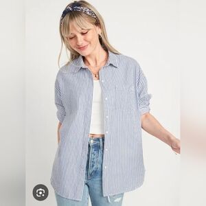 Old Navy Women's Oversized Striped 'The Boyfriend Shirt' in Blue & White- Size S